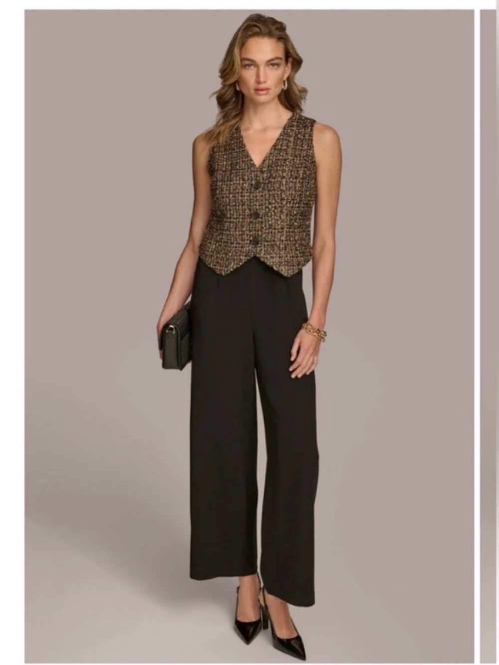 Donna Karan Black Wide-Leg Jumpsuit with Brown Tweed Vest